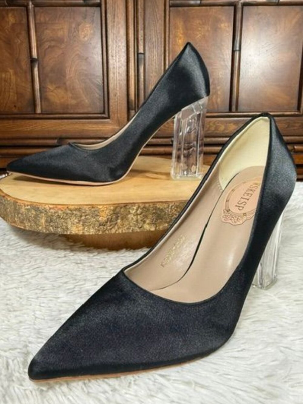 WSKEISP Black Satin Clear Lucite Block Heel Pointed Toe Pump